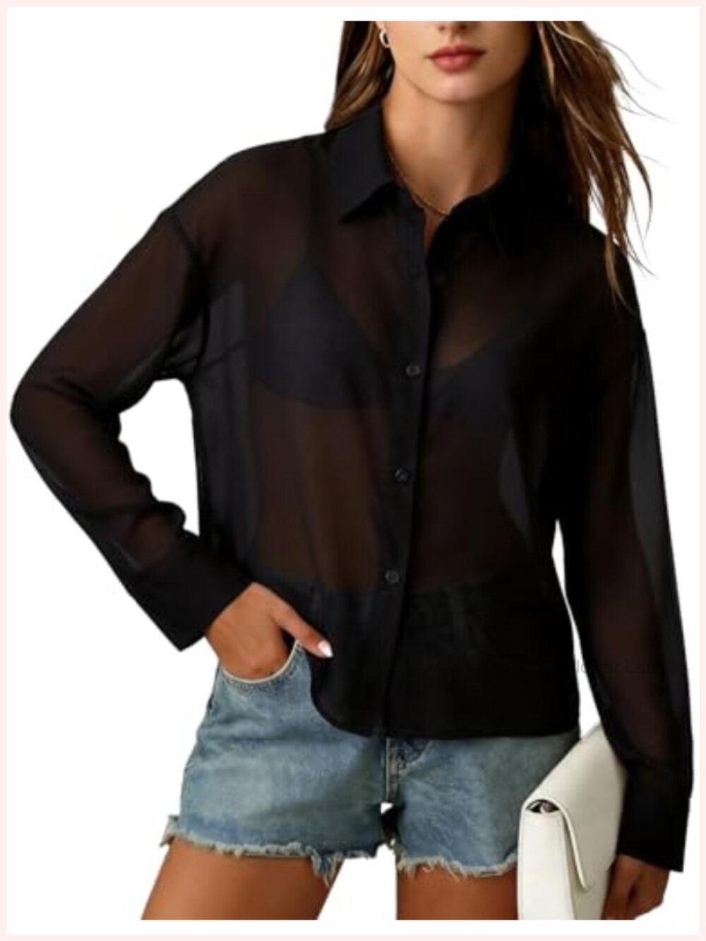 Flygo Women's Sheer Button Down Collared Blouse Loose Long Sleeve
